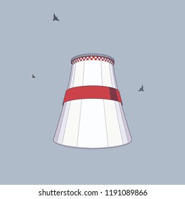 Emission pollutions factory. Cooling towers vector industrial energy. CO2 greenhouse, smoking cooling towers in dark colors. Smoking pipes of thermal power plant, emission smoke clouds, birds, highway