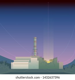 emission of radiation from a nuclear power unit of the Chernobyl nuclear power plant. Stock vector illustration. Concept of technological disaster