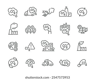 Emisiones de dióxido de carbono CO2 Ilustración vectorial de conjunto de iconos de arte de línea. Calentamiento global Atmósfera Gas Ecología Contaminación Plantación de árboles Reducción del desarrollo sostenible Negocio de energía renovable