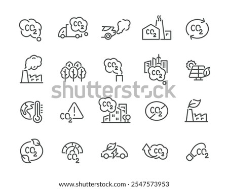 Emissions of carbon dioxide CO2 line art icon set vector illustration. Global warming atmosphere gas ecology pollution tree planting reduced sustainable development renewable energy business