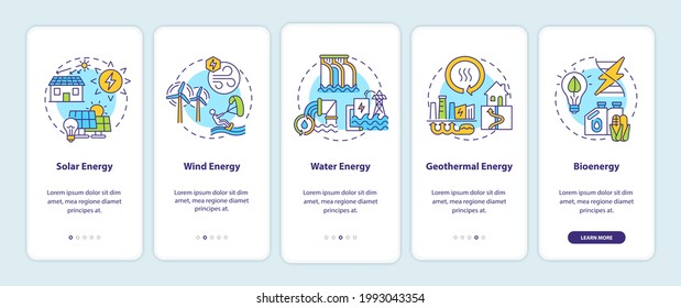 Emissions of carbon onboarding mobile app page screen with concepts. Clean energy types walkthrough 5 steps graphic instructions. Emerging technologies. UI vector template with RGB color illustrations