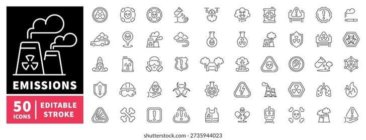Emissions editable line icons set. pollution and hazard symbols