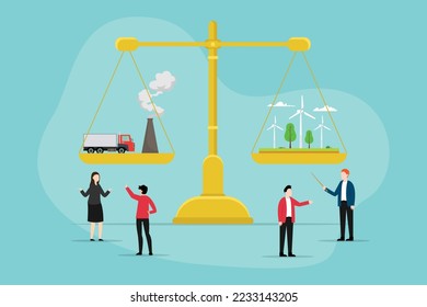 Emissions from factories and fossil fuel burning compensated by green industry 2d vector illustration concept for banner, website, illustration, landing page, flyer, etc