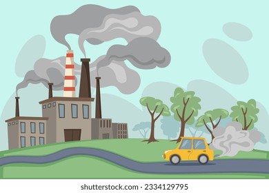 Emissions from industrial plant and car vector illustration. Cartoon drawing of landscape with smoke coming out of factory and exhaust pipes, air pollution. Pollution, ecology, environment concept