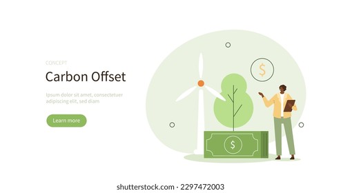 Emissions offset. Character showing benefits of renewable energy and carbon offsetting on environment. Carbon footprint reducing concept. Vector illustration.