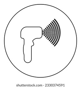 Emitter of waves electron gun manual thermometer forehead infrared device for measuring temperature non-contact contactless digital icon in circle round black color vector illustration image outline 