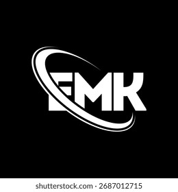Logotipo EMK. Carta EMK. Design do logotipo da letra EMK. Logotipo EMK inicial ligado com círculo e monograma maiúsculo. Tipografia EMK para marca de tecnologia, negócios e imóveis.