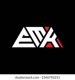 EMK triangle letter logo design with triangle shape. EMK triangle logo design monogram. EMK triangle vector logo template with red color. EMK triangular logo Simple, Elegant, and Luxurious design.