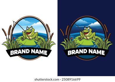 Emlem frog fishing pond lake river logo design vector illustration