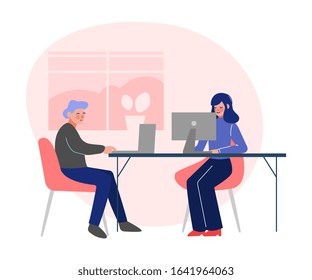 Emloyees Working with Computers, Business Characters Working in Creative Coworking Space, Modern Office Interior Vector Illustration