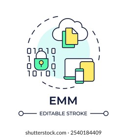 Ícone de conceito de várias cores EMM. Gerenciamento móvel empresarial. Tecnologia em nuvem, corporativa. Ilustração de linha de forma redonda. Ideia abstrata. Design gráfico. Fácil de usar em infográfico, apresentação