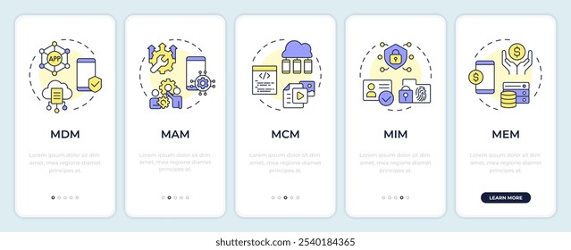 Pantalla del App móvil de incorporación de la plataforma EMM. control de la Empresa. Instrucciones gráficas editables de 5 pasos con conceptos lineales. UI, UX, Plantilla GUI. Montserrat SemiBold, Fuentes regulares utilizadas