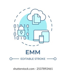 Ícone de conceito azul suave do EMM. Gerenciamento móvel empresarial. Tecnologia em nuvem, corporativa. Ilustração de linha de forma redonda. Ideia abstrata. Design gráfico. Fácil de usar em infográfico, apresentação