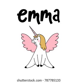 Emma female name with cute unicorn.