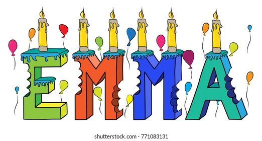 Emma first name bitten colorful 3d lettering birthday cake with candles and balloons.