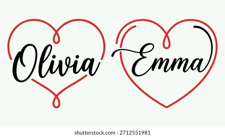 Nombre de Emma y Olivia en la ilustración gráfica digital del corazón rojo. Olivia arte de nombre. Emma diseño de nombre. gráfico de corazón. diseño de corazón rojo. LOVE OLIVIA. tipografía romántica.