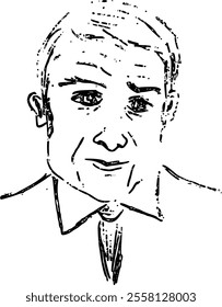 Emmanuel Macron Estadista e político francês, presidente da França, pessoa famosa. Retrato desenhado à mão, vetor, ilustração em preto e branco 