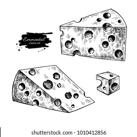 Emmental cheese  drawing. Vector hand drawn food sketch. Engraved triangle slice and cube cut. Farm market product for label, poster, icon, packaging. Dairy vintage product