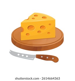 Emmental cheese on a wooden cutting board vector illustration. Piece of cheese with holes icon set isolated on white background. Cheese block on a wooden tray and cheese knife drawing