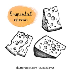 Emmental cheese. Slices and blocks. Ink sketch isolated on white background. Hand drawn vector illustration. Vintage style stroke drawing.