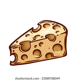 Emmental cheese triangle slice line icon. Outline hand drawn yellow Swiss cheese with holes texture for eating and cooking. Dairy product mascot, tasty Emmental piece icon vector illustration