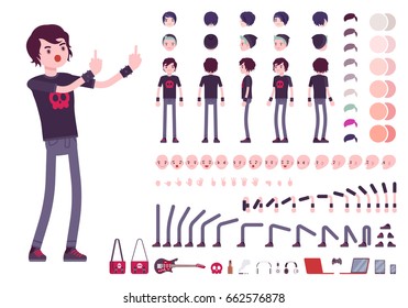 Emo boy character creation set, true black subculture look. Full length, different views, emotions, gestures, white background. Build your own design. Vector illustration