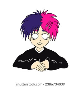 Emo boy character. Y2k style. Black subculture. Vector flat illustration isolated on white background.