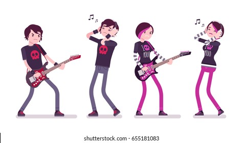 Niño y chica emo, verdadero aspecto subcultural, pantalones flacos, camisetas negras, cabello amordazado, guitarra, escuchando música en auriculares. Dibujo de dibujos animados de estilo plano vectorial, aislado, de fondo blanco