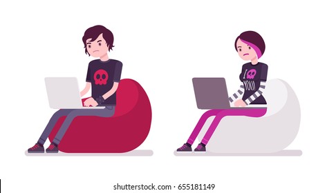 Emo boy and girl, true subculture look, skinny pants, black t-shirt, choppy hairstyle, sitting on bean bag working with laptop. Vector flat style cartoon illustration, isolated, white background