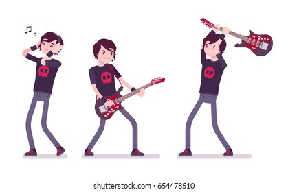 Emo boy, true subculture look, skinny jeans, black t-shirt, choppy hair, playing, crashing guitar, listening to music in headphones. Vector flat style cartoon illustration, isolated, white background