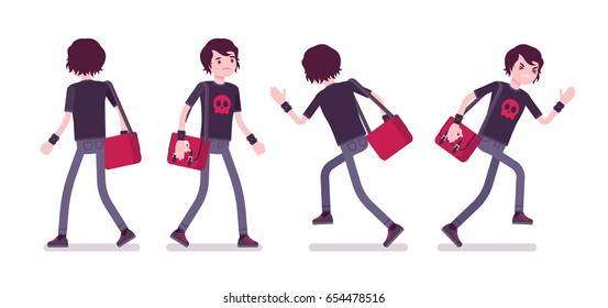 Emo boy, true subculture look, skinny jeans, black t-shirt, wristbands, choppy hairstyle, depressed, walking and running. Vector flat style cartoon illustration, isolated, white background