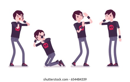 Emo boy, true subculture look, skinny jeans, black t-shirt, choppy hairstyle, feeling loneliness, melancholy, emotional distress. Vector flat style cartoon illustration, isolated, white background