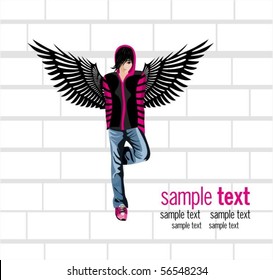 Emo boy with wings. grunge background