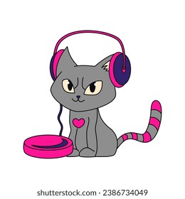 Emo cat with headphones and old music player. Y2k style. Black subculture. Vector flat illustration isolated on white background.