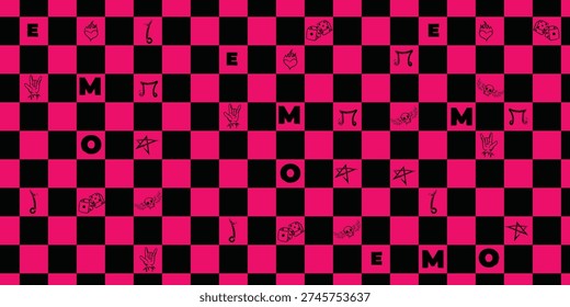 Emo checkered background. Vector illustration simple pink skull and black heart on fire music note ... on chessboard background. Perfect Emo seamless pattern for wall decor wallpaper textile fabric print. EPS 10