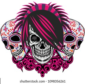 emo coat of arms with sugar skull, grunge vintage design t shirts
