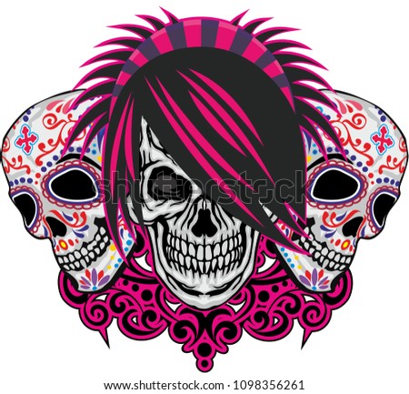 emo coat of arms with sugar skull, grunge vintage design t shirts
