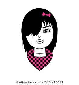 Emo girl with bandana and bow with side bangs. Gothic aesthetic in y2k, 90s, 00s and 2000s style. Emo Goth tattoo sticker black white pink colors. Vector illustration