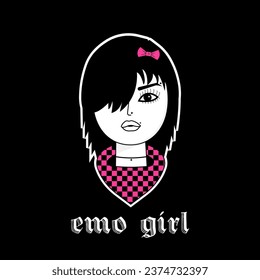 Emo girl with bandana and bow with side bangs. Gothic aesthetic in y2k, 90s, 00s and 2000s style. Emo Goth tattoo sticker on black background. Vector illustration