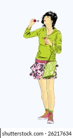 emo girl blowing bubbles, isolated