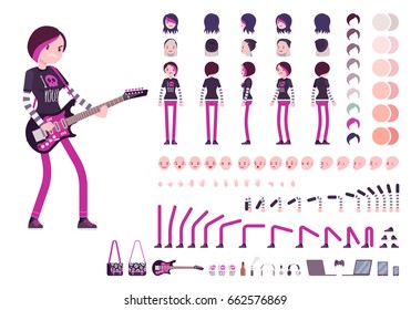 Emo girl character creation set, true black subculture look. Full length, different views, emotions, gestures, white background. Build your own design. Vector illustration