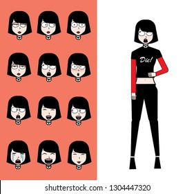 Emo girl character set with different emotions