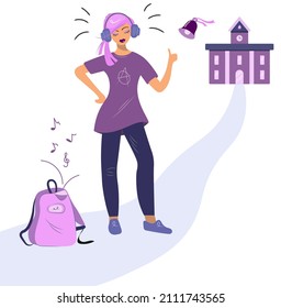 Emo girl dances and sings with headphones at recess at school. A modern teenage girl listens to music on her way to school. Young music lover. Bright purple trendy shades vector cartoon in flat style.