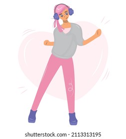 Emo girl listens to music and dances with headphones. Cheerful uncomplexed girl with pink hair on the background of the heart. Vector flat cartoon illustration.