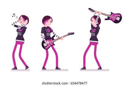 Emo girl, true subculture look, skinny trousers, striped longsleeve, dyed orchid hair, playing, crashing guitar, listening to music. Vector flat style cartoon illustration, isolated, white background