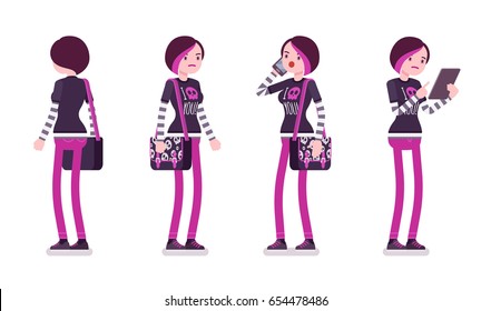 Emo girl, true subculture look, skinny trousers, striped longsleeve, dyed bright orchid hair, standing pose with phone and tablet. Vector flat style cartoon illustration, isolated, white background