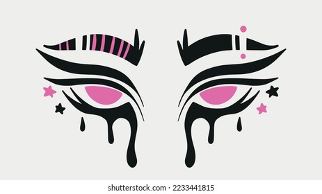 Emo girl's crying eyes Tattoo. Women's watery eyes with flowing mascara. Goth 00s aesthetic concept illustration