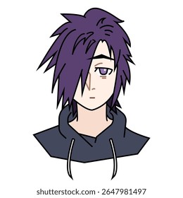 Emo gloomy boy with purple spiky hair wearing dark hoodie jacket outlined illustration on white background.