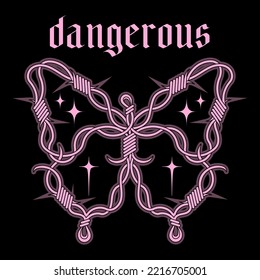 Emo goth barbed wire butterfly, weird black and pink concept. Glamor trendy 2000s aesthetic. Psychedelic Y2k Graphic vector icon.
