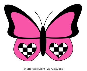 Emo goth butterfly with chessboard hearts. Glamour trendy 2000s aesthetic. Black and pink. Psychedelic Y2k. Graphic flat vector illustration.